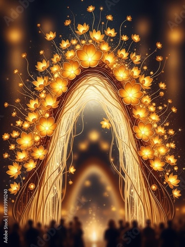 Golden Floral Archway With Glowing Lights At Night