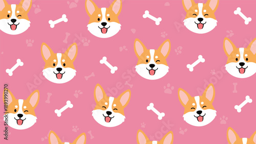 Cute seamless pattern featuring cartoon pembroke corgi dog heads and white bones on a vibrant pink background.