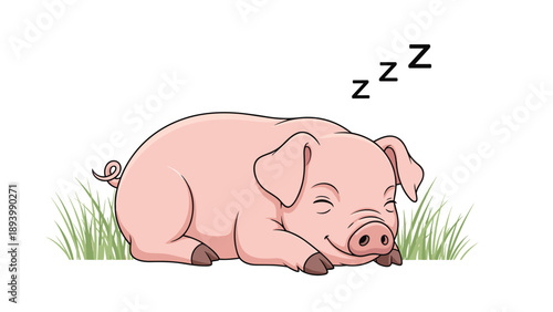 Peaceful cute pink pig character sleeping soundly in green grass with zzz symbols on a plain white background.