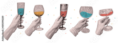 Set of hands holding various summer cocktails. Halftone colage hands with alcoholic and non-alcoholic drinks. People celebrate event together. Modern collage. Vector