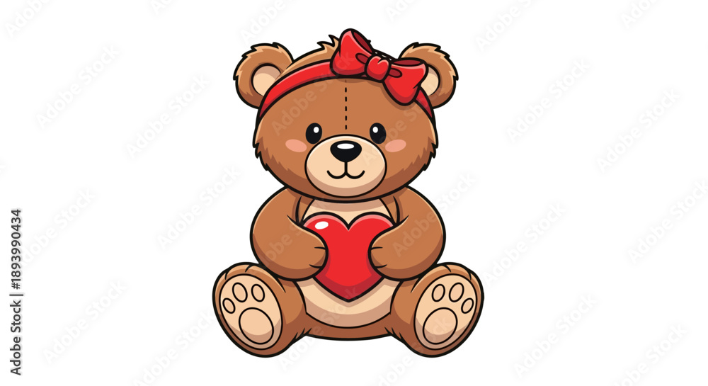 Naklejka premium Cute cartoon teddy bear wearing a red bow and holding a red heart.
