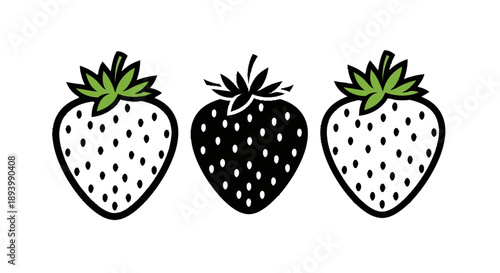 Three stylized strawberries, one black and two white, with green leaves.