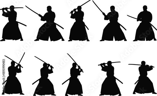 Samurai warrior silhouette set demonstrating traditional katana sword fighting stances, Japanese martial arts poses, and disciplined combat movements