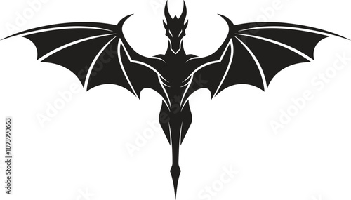 Dark fantasy dragon silhouette with spread wings isolated on white background mythical creature vector illustration design