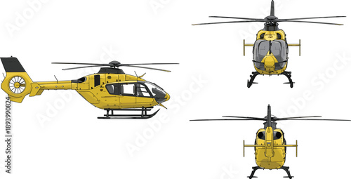 Yellow rescue helicopter multi view side front top aviation aircraft isolated on white background detailed vector illustration