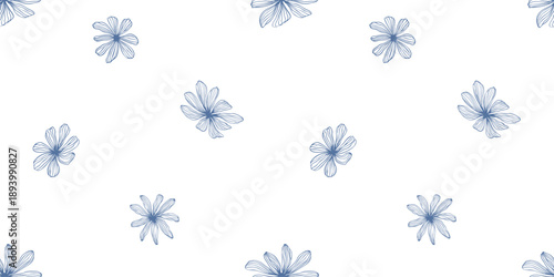 Daisy flower simple seamless pattern. Background of blue floral outline element. Botanical print of vector sketch illustration chamomile plant for kitchen fabric, home decor, linen, wrapping paper
