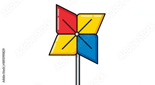 A colorful pinwheel toy with red, yellow, and blue sections spins on a.
