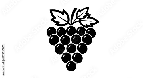 A simple black and white graphic of a bunch of grapes with leaves.