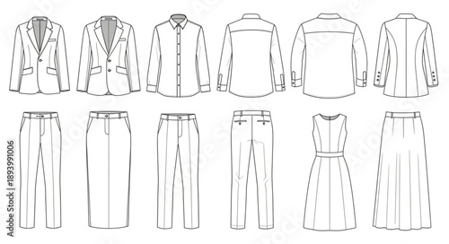 Fashion Design Sketches of Clothing Items and Outfits.