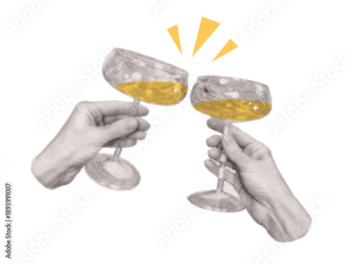 Happy new year 2027 design. Two hands holding champagne. Cut out paper collage style illustrations. Vector design for poster, banner, greeting cards. Human hands with cocktails clink glasses. Vector