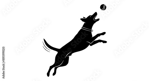 A black silhouette of a dog leaping in the air to catch a ball.