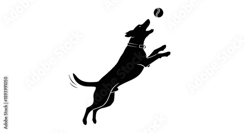 A black silhouette of a dog leaping to catch a ball in mid air.