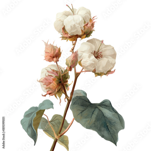 Close-up botanical illustration of a cotton plant branch with blossoms and leaves.  Delicate, detailed, and  whitish-cream colored cotton bolls,