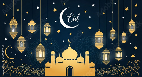 Eid mubarak celebration background with golden mosque lanterns and crescent moon at night