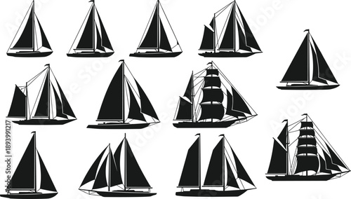 Sailboat silhouettes set featuring classic sailing yachts and ships isolated on white background for nautical marine travel and design concepts