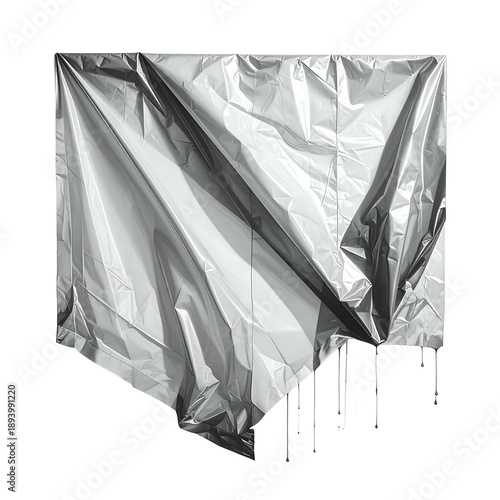 Shiny, crinkled, silver tarp draped over an unseen object, rendered on a black backdrop