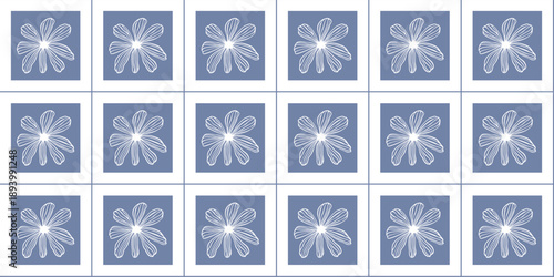 Daisy flower vector seamless surface pattern design. Blue retro geometric background of floral elements. Hand drawn print of line art chamomile plant for fabric, Home Decor, tablecloth