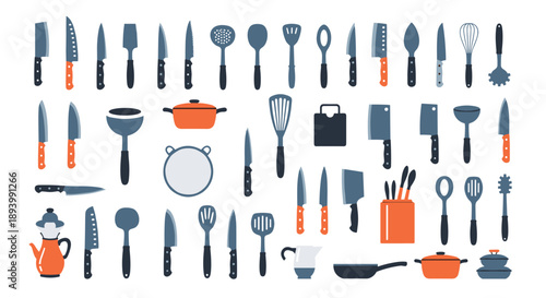 Large set of various kitchen utensils and cooking equipment including knives and pots for diverse culinary themes.