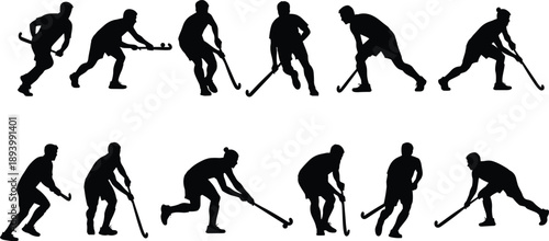 Field hockey player silhouettes set showing dynamic sport action poses isolated on white background for athletic competition and training design use