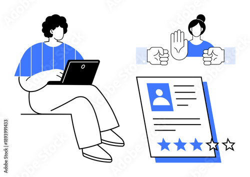 Man uses laptop, rejected credentials, user profile with star ratings. Ideal for recruitment, feedback, evaluation, automation, career HR online security. Clean metaphor in simple flat style