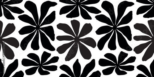 Black silhouette of psychedelic daisy flowers. Botanical seamless pattern with abstract petal shape. Stylish floral graphic background for textile print of chamomile for fabric, towel, tablecloth