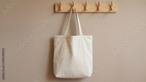 Reusable white cotton tote bag hanging on a wooden wall hook rack in a minimalist interior