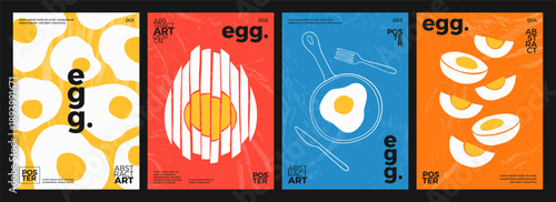 Modern posters set of egg. Minimalist abstract flat illustrations with fried eggs, cooked and cut eggs, texture. Trendy design background for kitchen wall art, restaurant menu decoration, cover