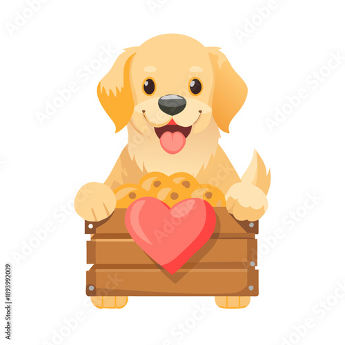 A cheerful golden retriever dog holding a wooden box with a heart symbol, filled with gold coins for the poor.