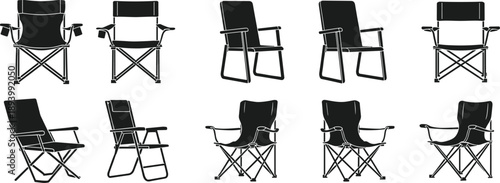 Camping chair silhouettes set showing folding outdoor chairs in multiple views isolated on white background for travel leisure design use