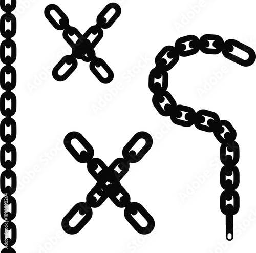 Black metal chain shapes set forming letters and symbols isolated on white background for industrial security strength design concepts
