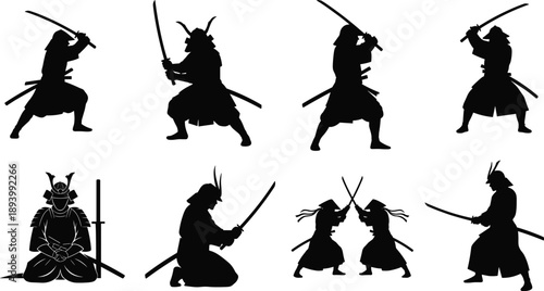 Samurai warrior icon set, katana pose, sword duel, martial stance, traditional armor, Japanese culture, vector illustration, black pictogram, discipline