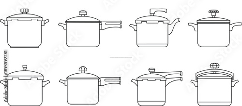 Pressurecooker Cooker Pot Kitchen Cookware Utensil Appliance Tool Cooking Food Boil Steam Metal Container Lid Handle Vector Illustration Lineart Outline Collection