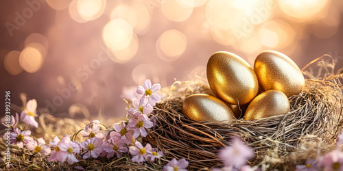 Shiny golden Easter eggs nested with flowers and dry grass, in a soft, dreamy aesthetic