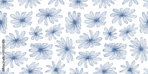 Daisy flower simple seamless surface pattern design. Background of blue floral line element. Botanical print of vector sketch illustration chamomile plant for fabric, home decor, wrapping paper