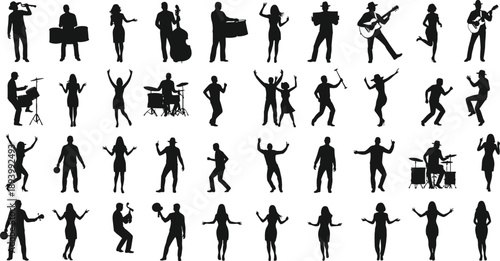 Music and dance performance icon set, drum, guitar, saxophone, accordion, dancer pose, concert vibe, vector illustration, black pictogram, rhythm