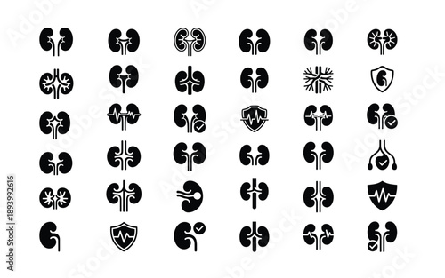 Collection of various kidney and organ icons in different styles and designs