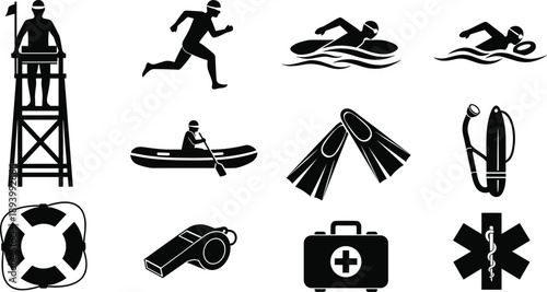 Lifeguard and water safety icon set, rescue gear, swimmer silhouette, CPR, first aid, medical symbol, vector illustration, black pictogram