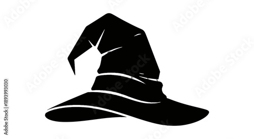 A black silhouette of a pointed witch's hat with a wide brim and decorative band.
