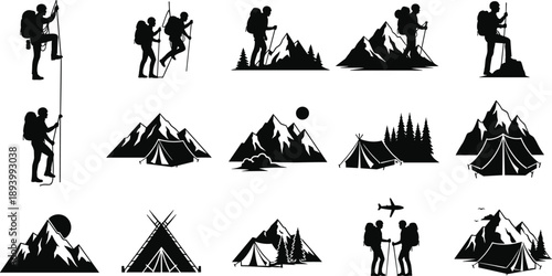 Hiking and camping silhouette icon set, mountain adventure, tent scene, forest trail, outdoor activity, vector illustration, black pictogram, nature exploration