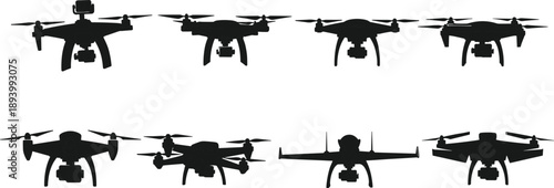 Drone silhouette collection showing quadcopter and aerial camera drone designs, unmanned aerial vehicles isolated on white background illustration