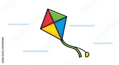 A colorful diamond kite with a green tail flies through the sky on a breezy day.