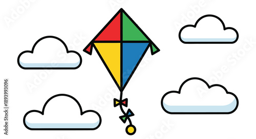 A colorful diamond kite flies high in the sky among fluffy white clouds.