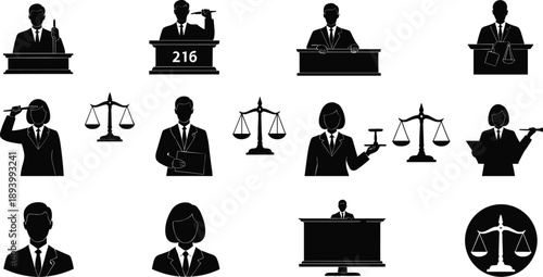 Legal and justice icon set, judge, lawyer, courtroom scene, gavel, scale of justice, law symbol, vector illustration, black pictogram