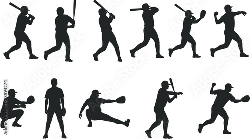 Baseball and softball player silhouette action set featuring batting, pitching, catching, and throwing poses isolated on white background