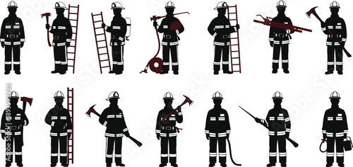Firefighter silhouette icon set, red tools, ladder, hose, axe, crowbar, emergency gear, rescue action, vector illustration, black pictogram, safety
