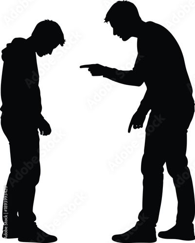 Black Silhouette of a Person Pointing Accusingly at a Shamed Individual Representing Bullying Social Conflict Judgment and Verbal Harassment Concepts