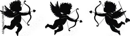 Black Silhouettes of Three Cupid Cherubs Aiming Bows and Love Arrows for Valentine's Day Wedding and Romantic Celebration Graphic Design Projects
