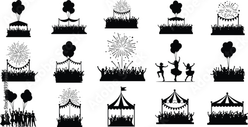 Festival silhouettes, celebration tents, dancing crowd, fireworks, party icons, carnival scene, festive gathering, black shapes, public event, joyful atmosphere