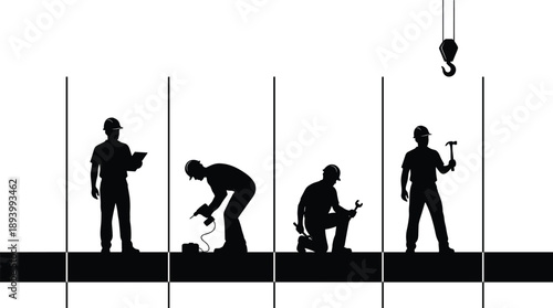 Black silhouettes of a construction team performing site planning, drilling, and building tasks on a structural beam for industrial development projects.