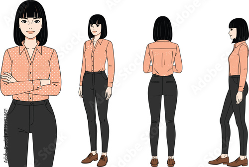 Character Design Set of a Young Asian Businesswoman with Black Hair and Polka Dot Shirt Showing Front Back and Side View
